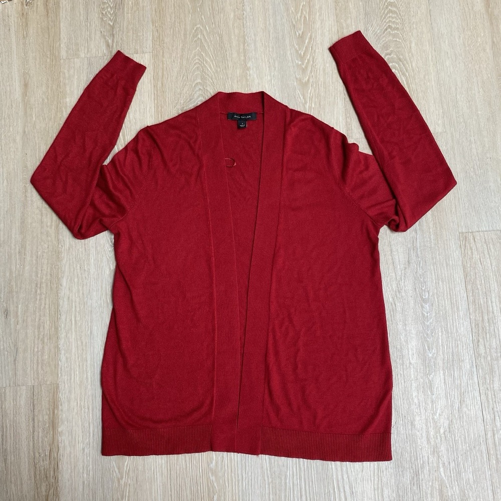 Ann Taylor ruby Red Open Front Cardigan Sweater SZ S Office Wear Holiday Preppy